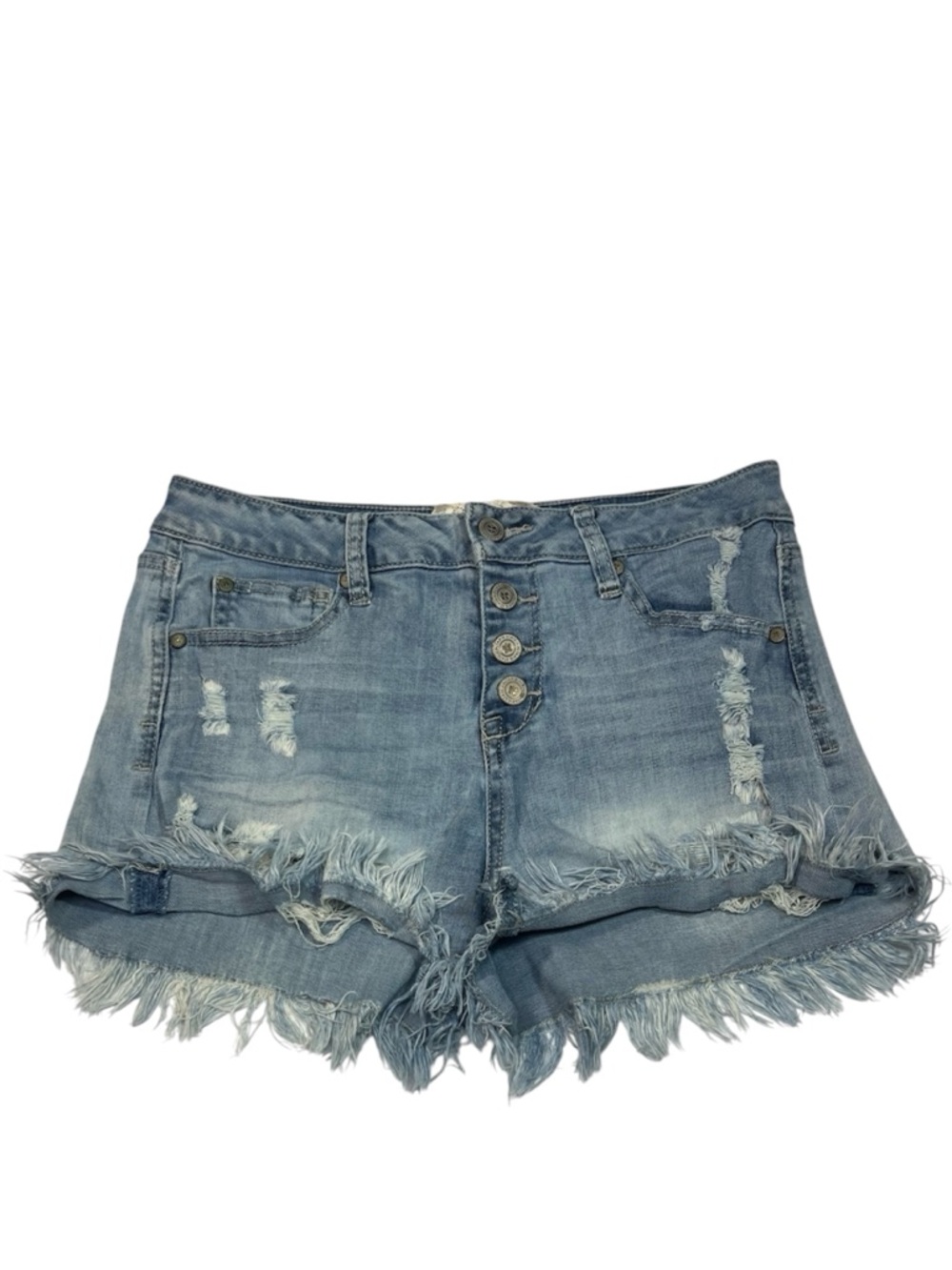 Altard State Blue Denim Shorts Size 28 Button Front Frayed Cuff Womens Mid Rise